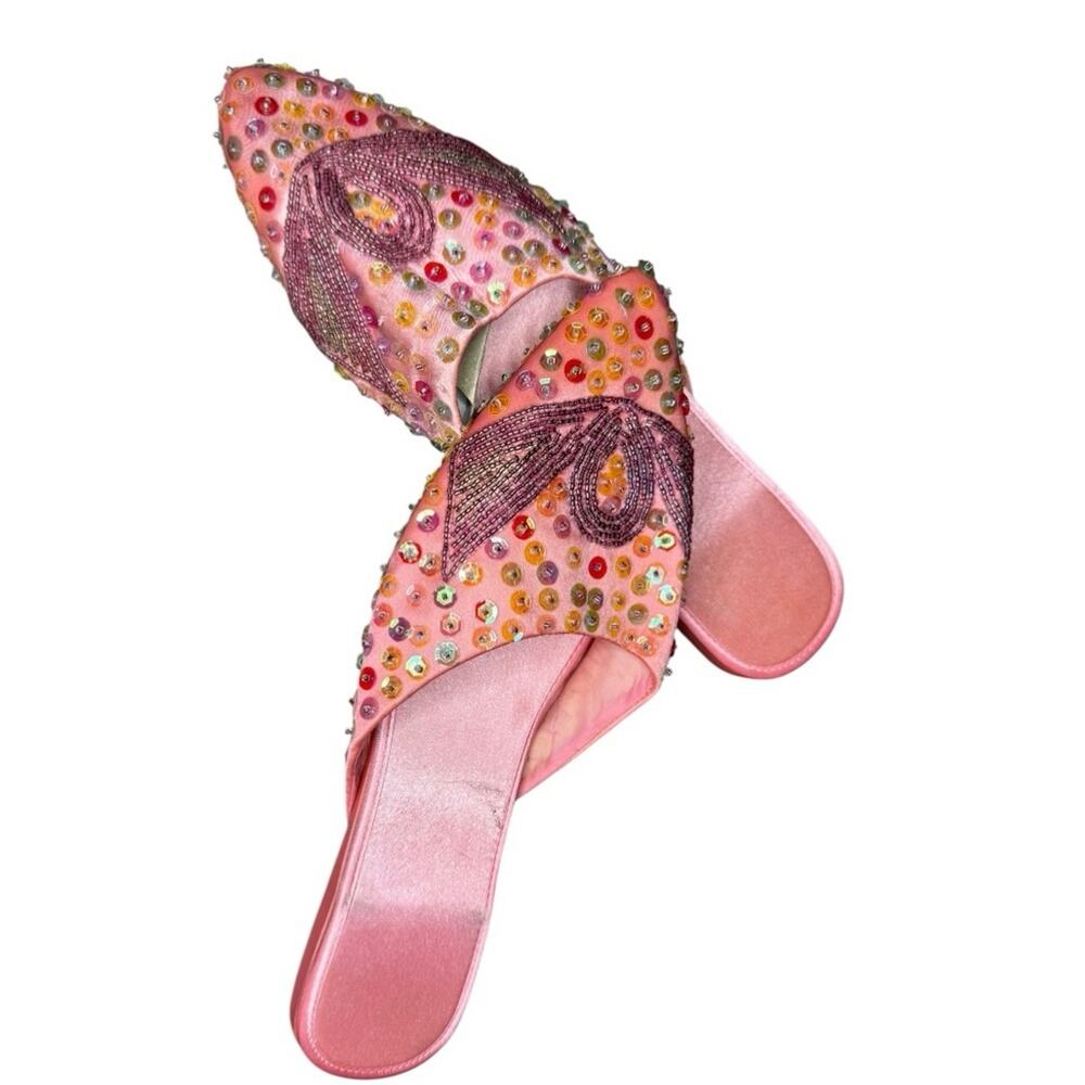 Y2K Pink Satin Sequin Pointy Toe Slip On Flats Women Size 6.5 Boho Glam Romantic